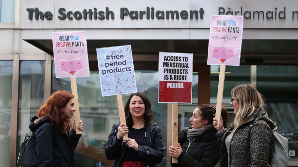 PHOTO: Monica Lennon MSP (second left) joins supporters of the Period Products bill at a rally outside Parliament in Edinburgh, Scotland, Feb. 25, 2020.