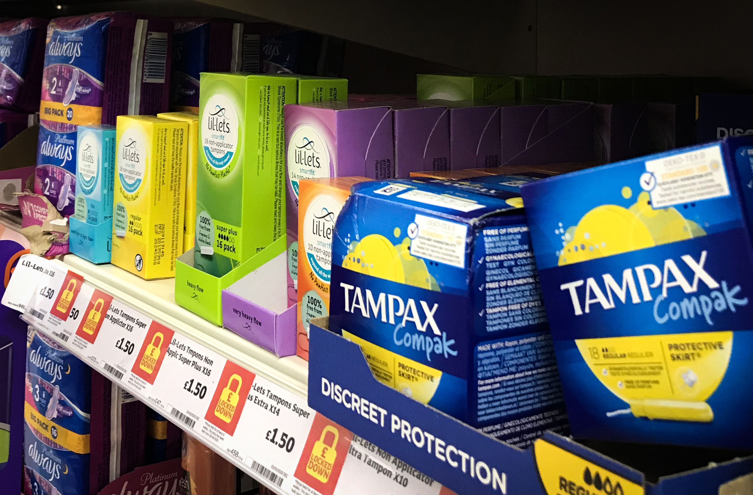 PHOTO: In this Feb. 21, 2020, file photo, sanitary products and tampons are on sale in a supermarket in Glasgow, Scotland.