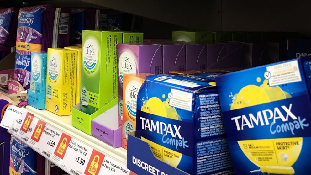 PHOTO: In this Feb. 21, 2020, file photo, sanitary products and tampons are on sale in a supermarket in Glasgow, Scotland.