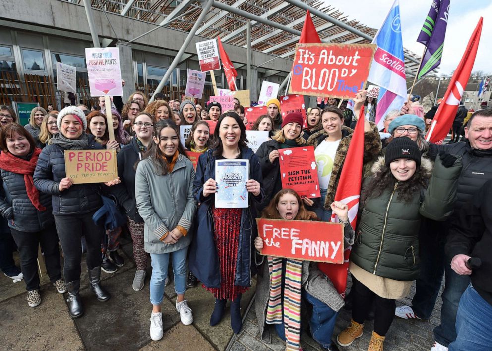 PHOTO: In this Feb. 27, 2020, file photo, Labour MSP Monica Lennon joins protesters outside the Scottish Parliament in Edinburgh, Scotland.