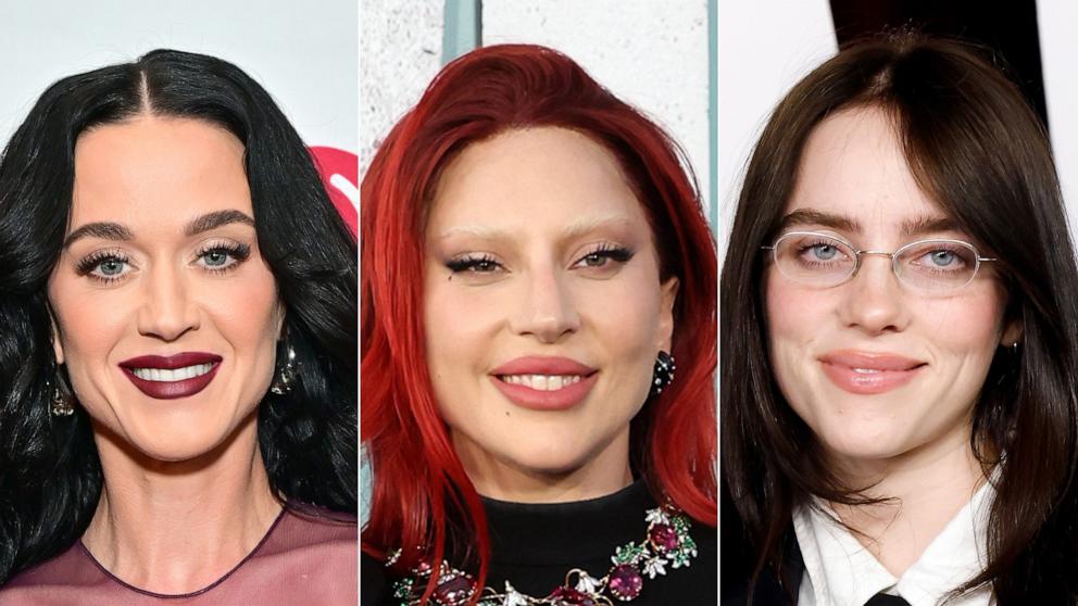 PHOTO: Katy Perry attends an event on Dec. 16, 2024, in Philadelphia. | Lady Gaga attends a premiere on Sept. 30, 2024 in Hollywood, Calif. | Billie Eilish attends the 2024 Glamour Women of the Year Awards on Oct. 8, 2024, in New York.