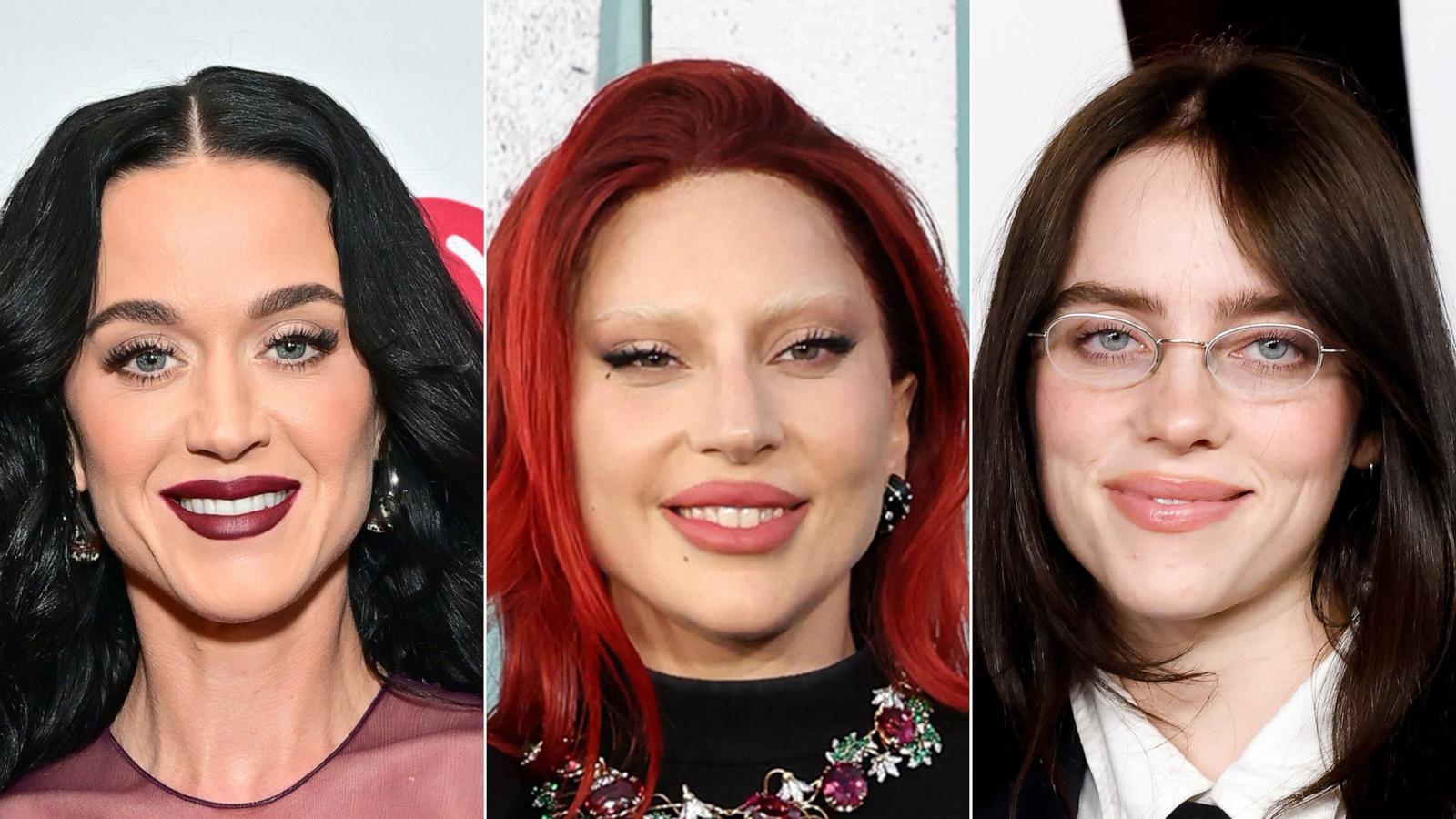 PHOTO: Katy Perry attends an event on Dec. 16, 2024, in Philadelphia. | Lady Gaga attends a premiere on Sept. 30, 2024 in Hollywood, Calif. | Billie Eilish attends the 2024 Glamour Women of the Year Awards on Oct. 8, 2024, in New York.