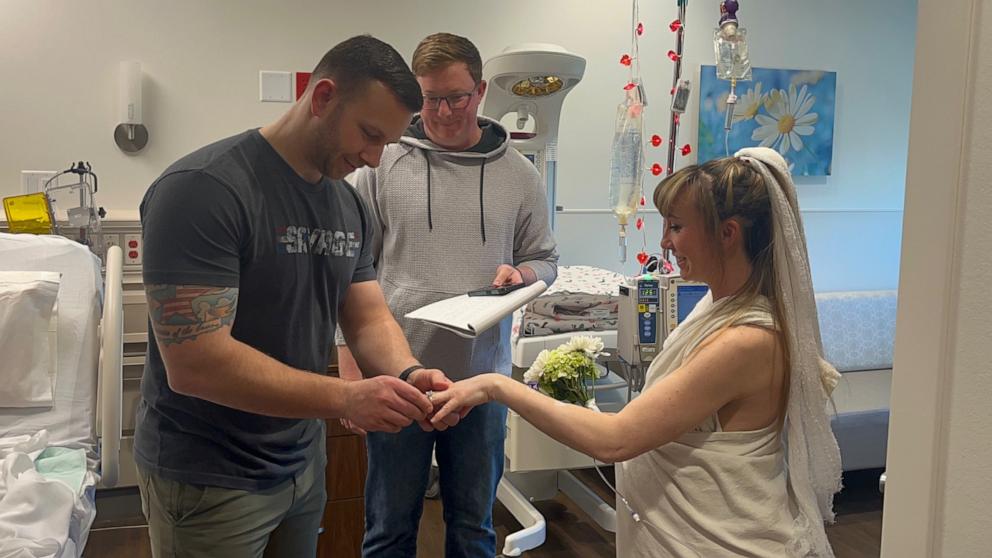 PHOTO: Sara and Brandon Perry married on Feb. 13 at Saint Luke’s East Hospital, where Sara had been admitted after her water broke at 35 weeks.

