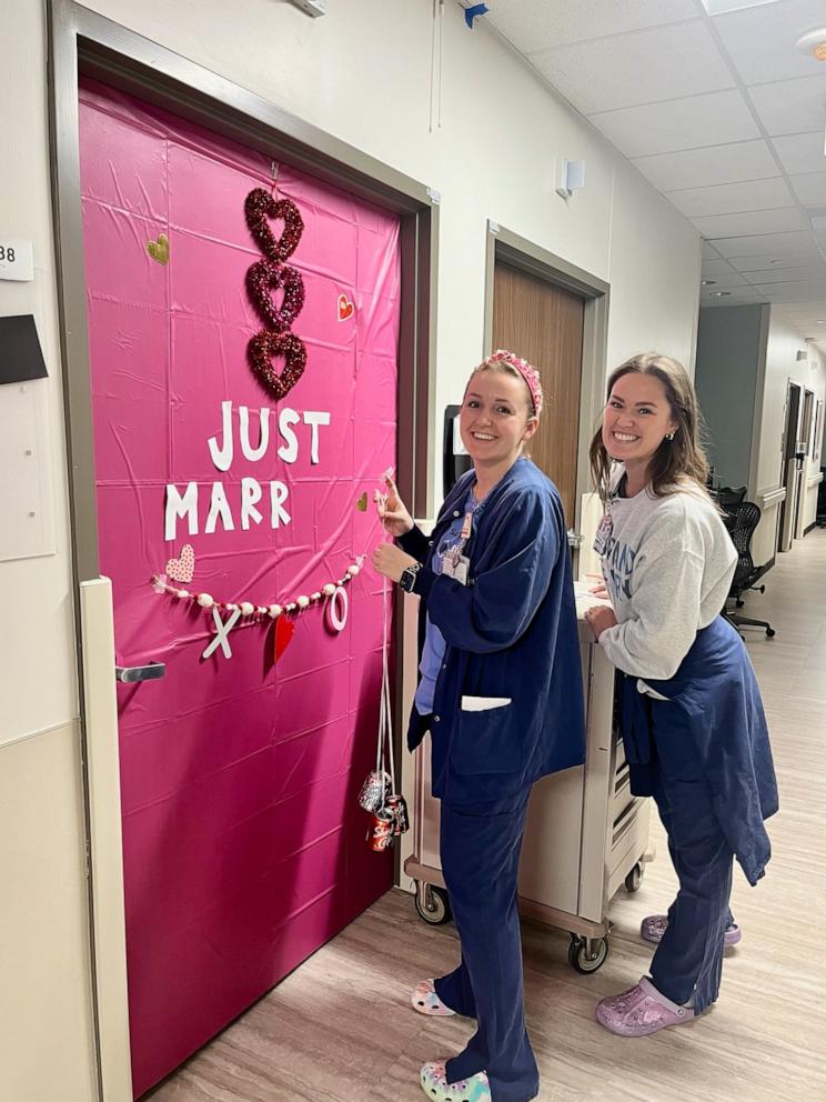 PHOTO: The staff at Saint Luke’s East Hospital helped celebrate the couple with “Just Married” decorations at their room and a wedding cake from the hospital cafeteria.