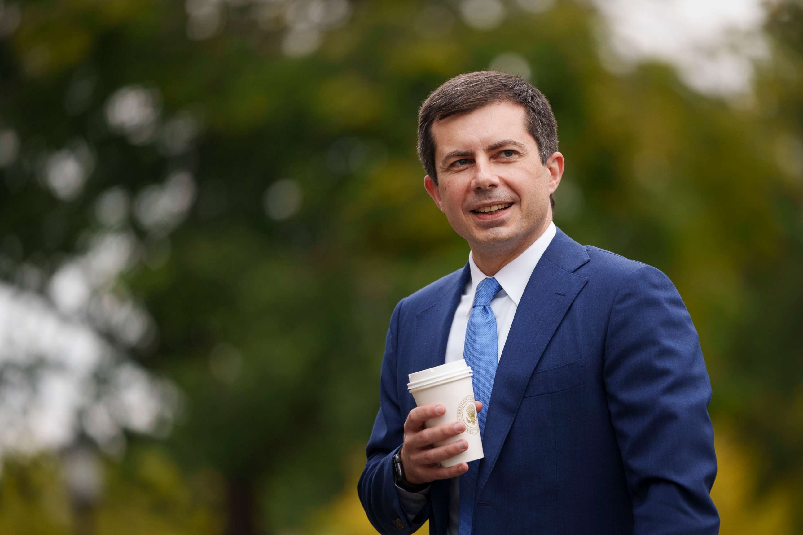 PHOTO: U.S. Transportation Secretary Pete Buttigieg arrives for a television interview with CNBC outside the White House, Oct. 13, 2021, in Washington, D.C.