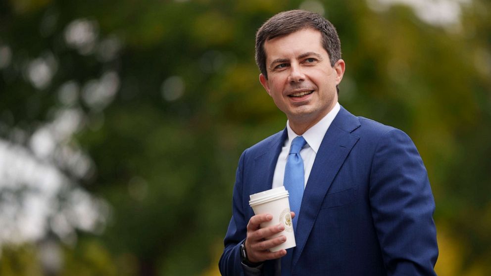 PHOTO: U.S. Transportation Secretary Pete Buttigieg arrives for a television interview with CNBC outside the White House, Oct. 13, 2021, in Washington, D.C.