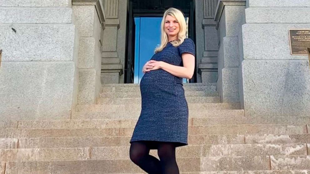 PHOTO: Colorado State Sen. Brittany Pettersen poses in front of the state capitol building in Denver during her pregnancy.