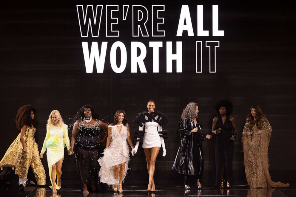 PHOTO: Yseult Onguenet, Eva Longoria, Cindy Bruna, Andie MacDowell, Viola Davis and Aishwarya Rai walk the runway during "Le Défilé L'Oréal Paris - Walk Your Worth" Show as part of Paris Fashion Week at the Eiffel Tower, Oct. 1, 2023, in Paris.