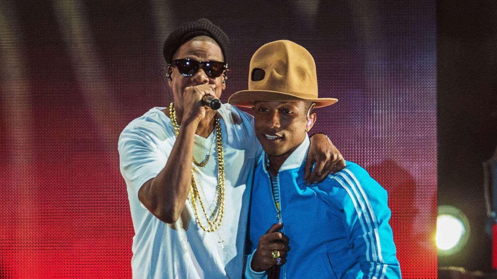 PHOTO: Jay Z, left, and Pharrell Williams perform onstage at the 2014 Coachella Valley Music & Arts Festival at the Empire Polo Club, on April 19, 2014, in Indio, Calif.