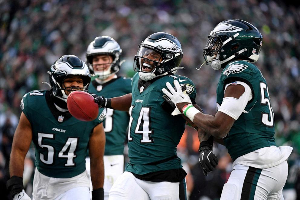 PHOTO: Philadelphia Eagles running back Kenneth Gainwell (14) celebrates after a fumble recovery during the first half in the NFC Championship game at Lincoln Financial Field, Jan. 26, 2025.