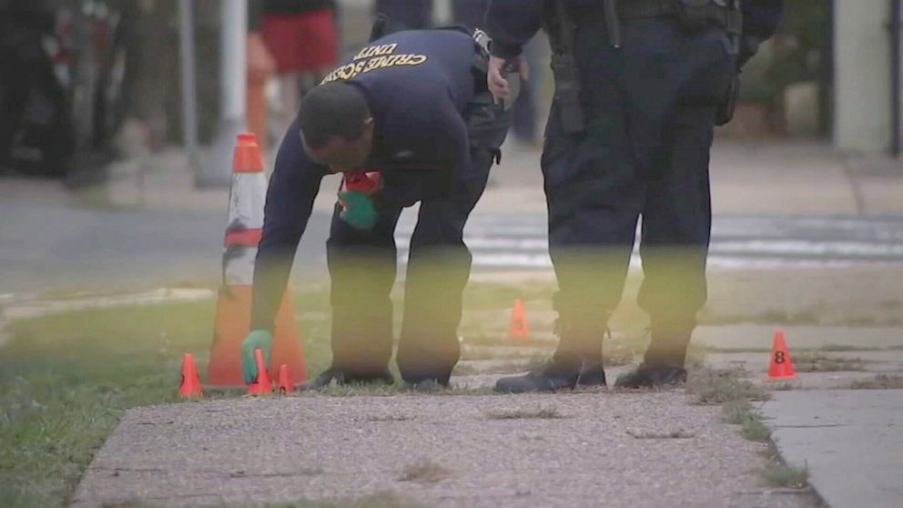 PHOTO: Crime scene investigators work the scene of a recent shooting on North Philadelphia, Oct. 22, 2021.