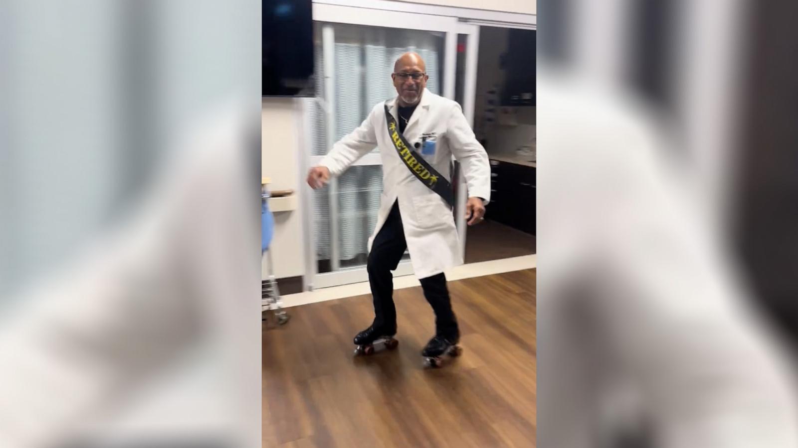 PHOTO: Dr. Phillip Masterson celebrated his retirement by rollerskating at the TotalCare Emergency Room office in Denton, Texas.