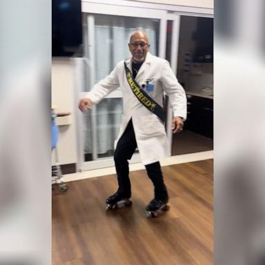 PHOTO: Dr. Phillip Masterson celebrated his retirement by rollerskating at the TotalCare Emergency Room office in Denton, Texas.