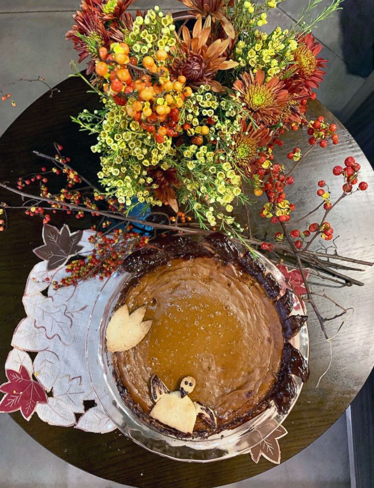 PHOTO: Homemade pumpkin pie with a decorative fall leaf crust and a festive turkey.