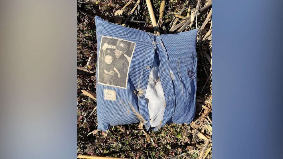 PHOTO: A family heirloom pillow thrown from the home of Frank and Donna Brown during a tornado in Princeton, Kentucky, was found two miles away.