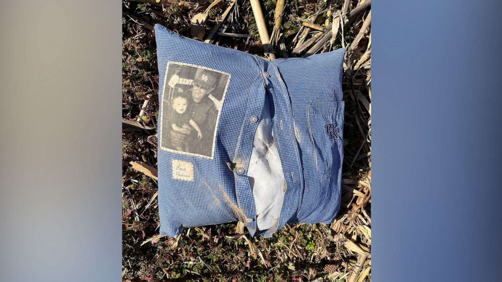 PHOTO: A family heirloom pillow thrown from the home of Frank and Donna Brown during a tornado in Princeton, Kentucky, was found two miles away.