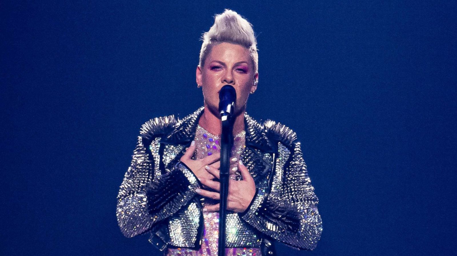 PHOTO: P!nk performs on stage at the Paris La Defense Arena, in Nanterre, western Paris, on June 20, 2023.