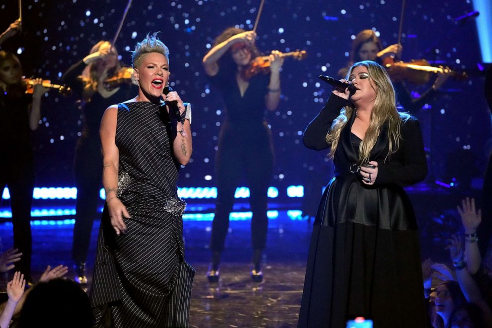 PHOTO: P!NK and Kelly Clarkson perform onstage during the 2023 iHeartRadio Music Awards at Dolby Theatre, March 27, 2023, in Los Angeles.