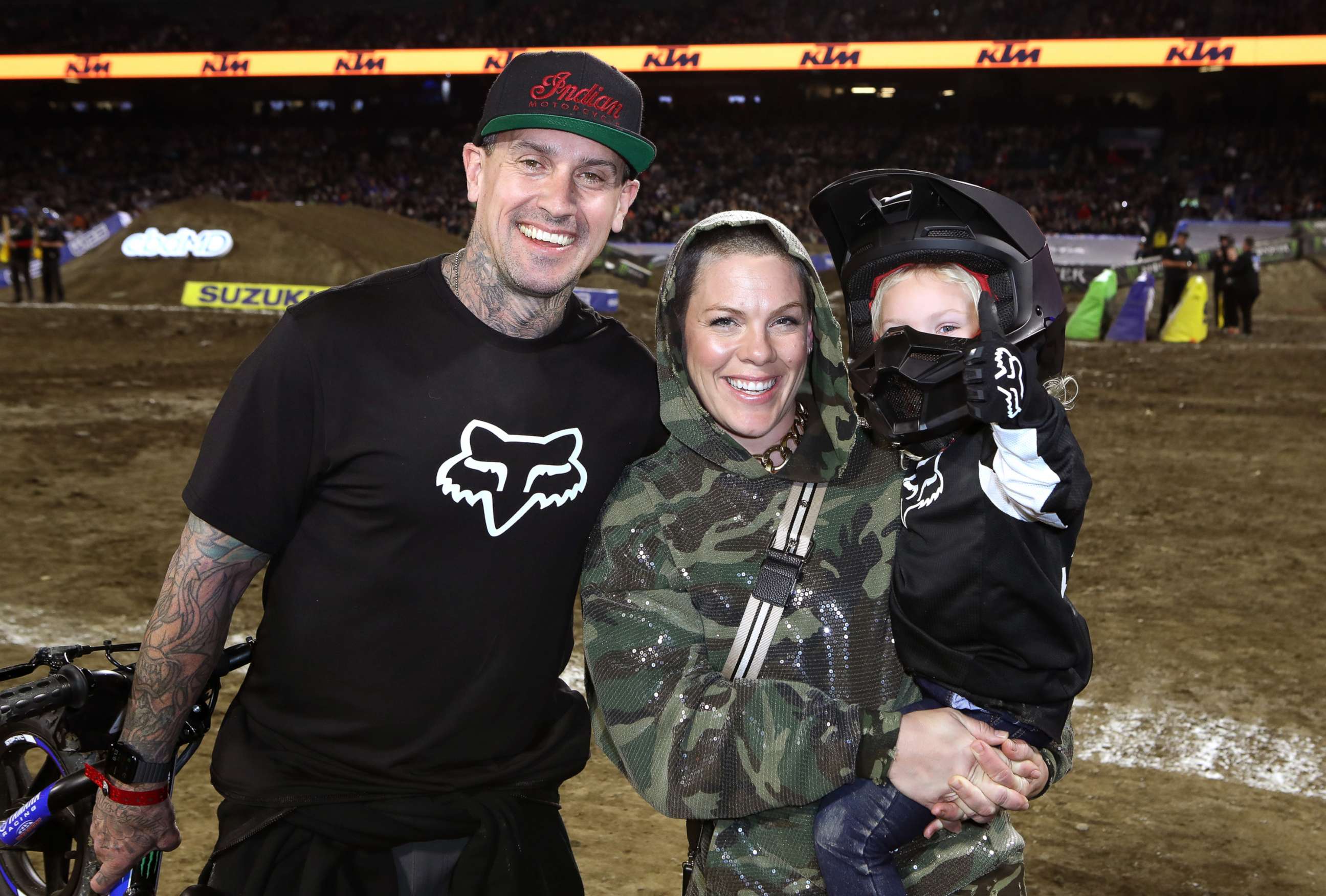 PHOTO: Carey Hart, P!nk and Jameson Moon Hart attend the Monster Energy Supercross VIP Event at Angel Stadium on Jan. 18, 2020 in Anaheim, Calif.