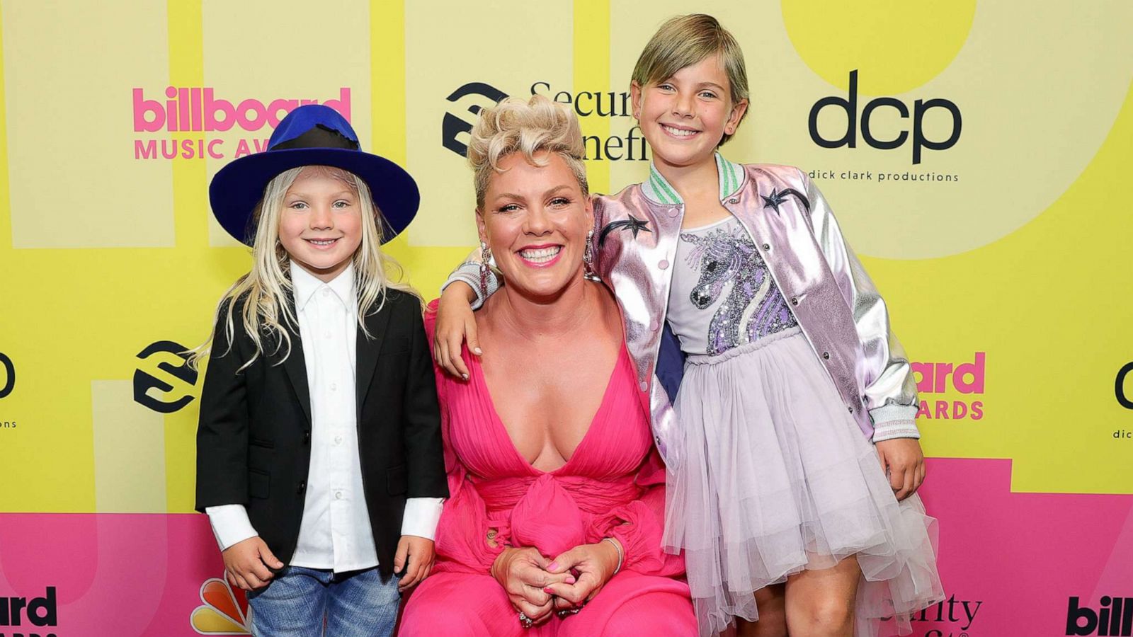 PHOTO: P!nk with her son Jameson Moon Hart, left, and daughter Willow Sage Hart pose backstage for the 2021 Billboard Music Awards on May 23, 2021, at Microsoft Theater in Los Angeles.