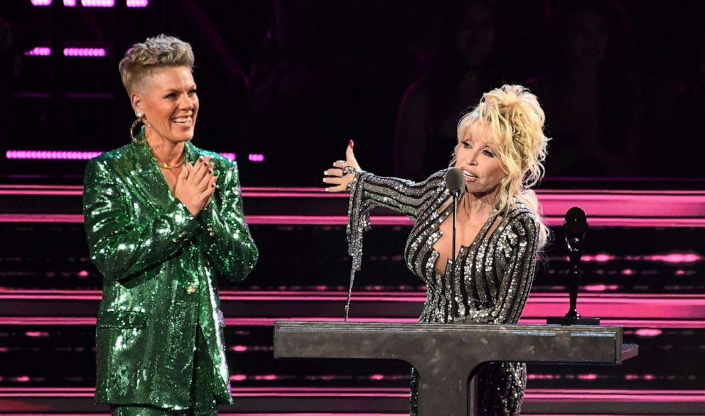 PHOTO: Inductee Dolly Parton speaks next to singer Pink, during the 37th Annual Rock and Roll Hall of Fame Induction Ceremony, Nov. 5, 2022, in Los Angeles.