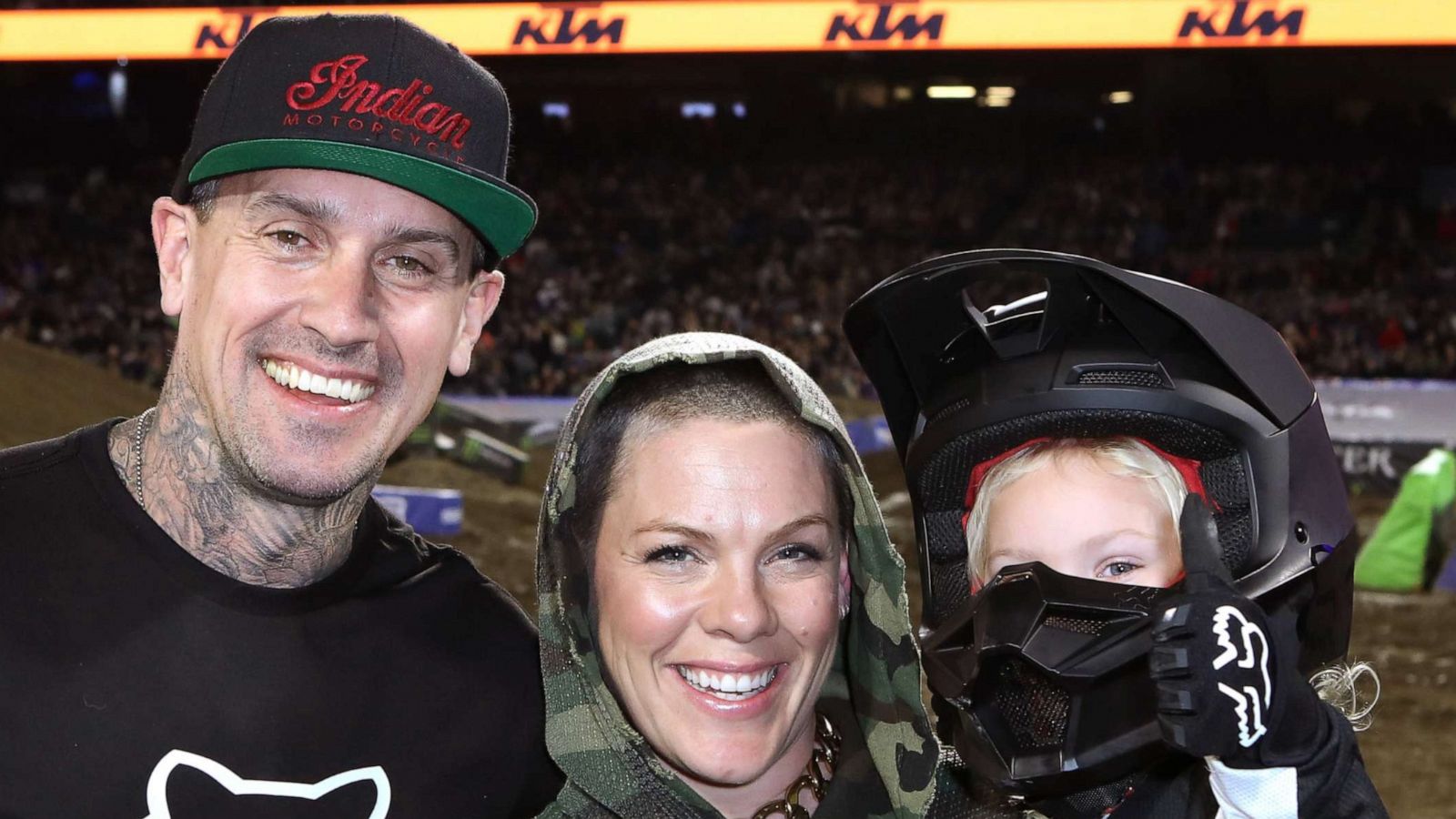 PHOTO: Carey Hart, Pink and Jameson Moon Hart attend the Monster Energy Supercross VIP Event at Angel Stadium on Jan. 18, 2020 in Anaheim, Calif.