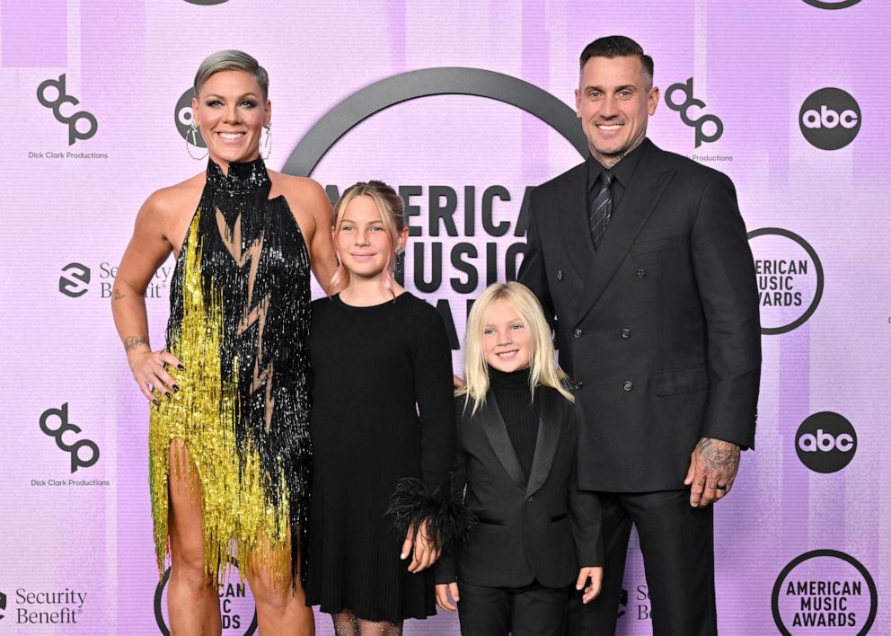 PHOTO: (L-R) Pink, Willow Sage Hart, Jameson Moon Hart, and Carey Hart attend the 2022 American Music Awards at Microsoft Theater on Nov. 20, 2022 in Los Angeles.