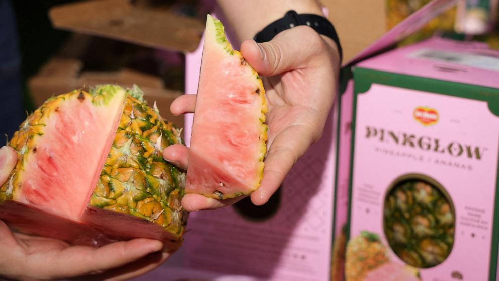 PHOTO: In this March 16, 2023, file photo, a worker shows a pink pineapple at Del Monte Fresh company plant in Buenos Aires, Puntarenas province, Costa Rica.