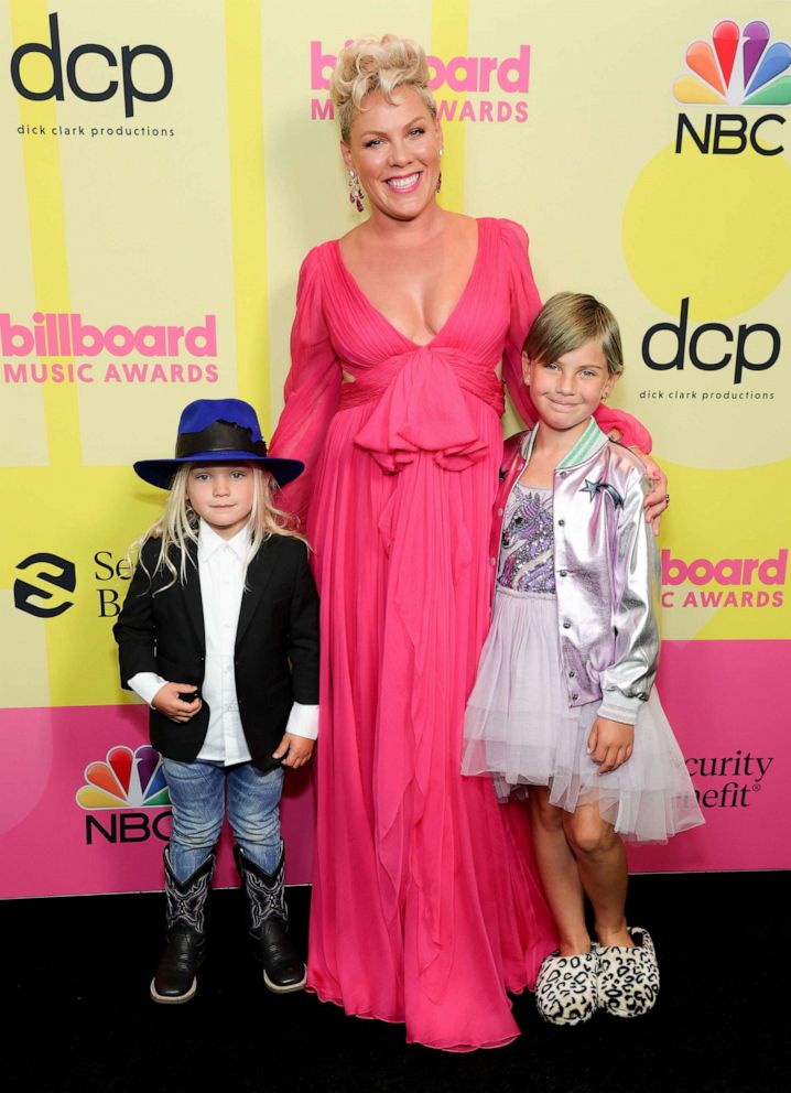 PHOTO: Jameson Moon Hart, P!nk, and Willow Sage Hart pose backstage for the 2021 Billboard Music Awards, broadcast on May 23, 2021 at Microsoft Theater in Los Angeles.