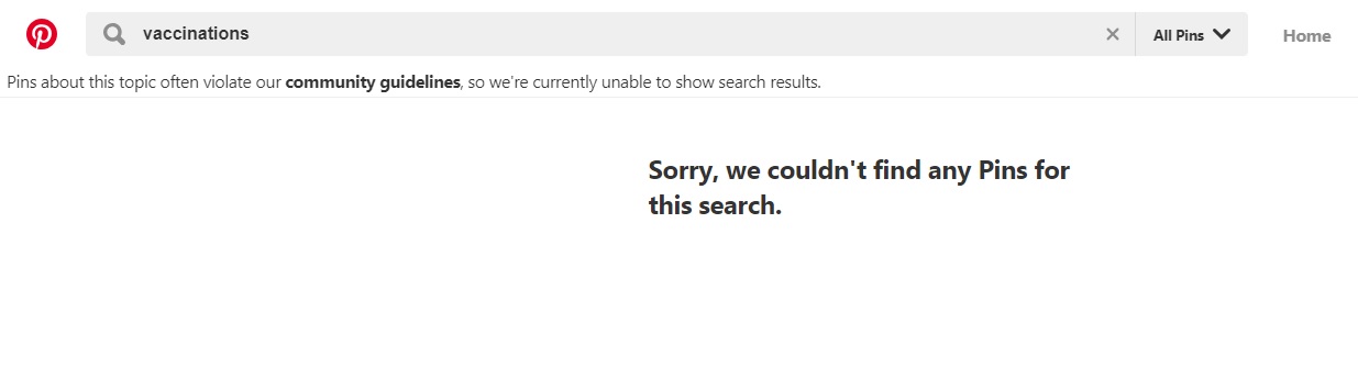 PHOTO: A search for the term "vaccinations" returns a message from Pinterest.com stating that the site is "currently unable to show search results," in a screen grab made on Feb. 21, 2019.