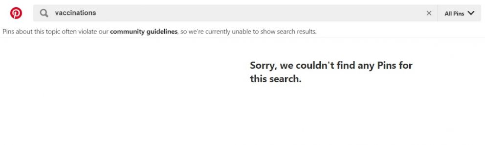 PHOTO: A search for the term "vaccinations" returns a message from Pinterest.com stating that the site is "currently unable to show search results," in a screen grab made on Feb. 21, 2019.