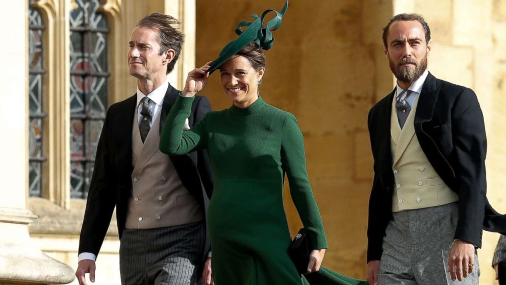 PHOTO: Philippa Middleton Matthews, center, James Middleton, right, and Pippa's husband James Matthews, left, arrive to attend the wedding of Britain's Princess Eugenie at St George's Chapel, Windsor Castle, in Windsor, England, Oct. 12, 2018.