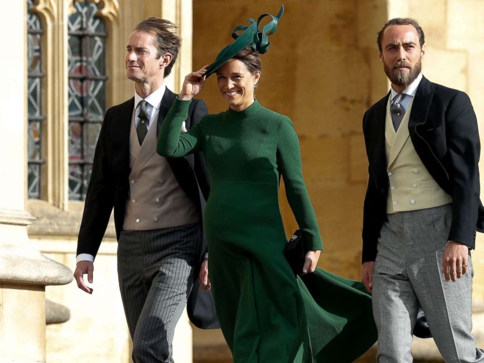 PHOTO: Philippa Middleton Matthews, center, James Middleton, right, and Pippas husband James Matthews, left, arrive to attend the wedding of Britains Princess Eugenie at St Georges Chapel, Windsor Castle, in Windsor, England, Oct. 12, 2018.