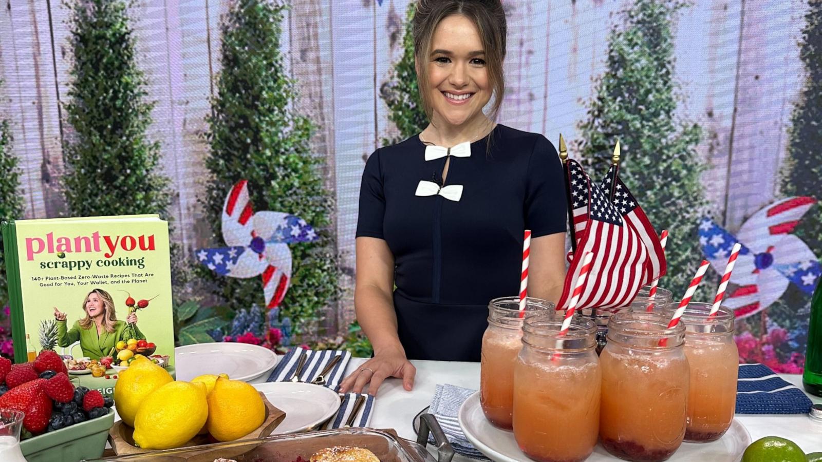 PHOTO: Carleigh Bodrug with three dishes from her cookbook, "PlantYou: Scrappy Cooking" at "Good Morning America" on July 4.