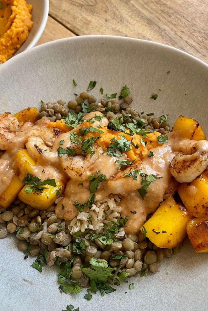 PHOTO: Mango shrimp and lentil bowls with chili miso sauce.