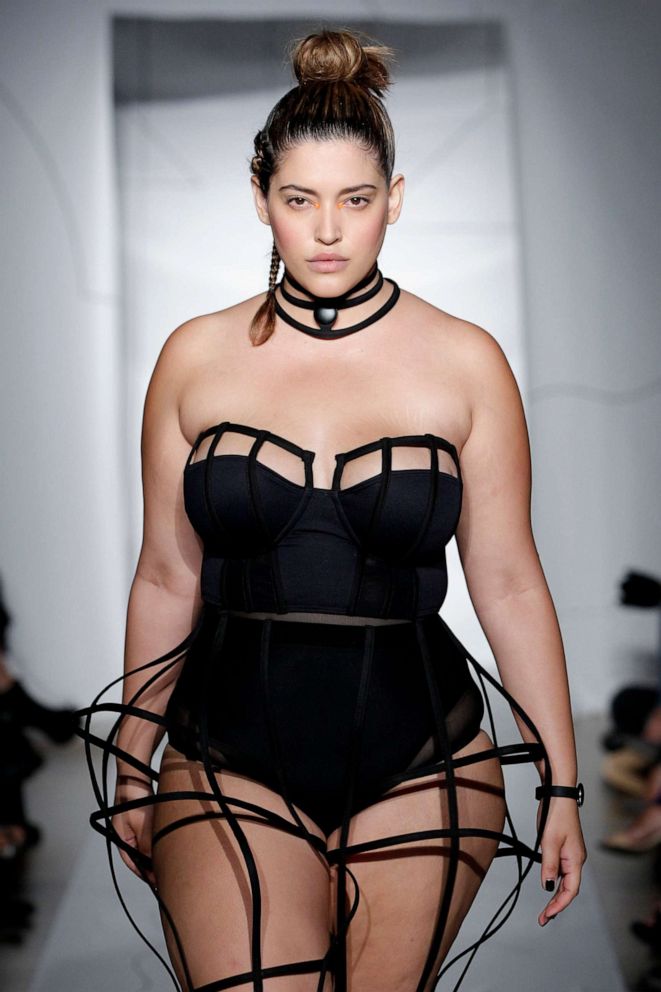 PHOTO: Model Denise Bidot walks the runway at the Chromat SS15 Formula 15 fashion show at The Standard Hotel on September 4, 2014, in New York.