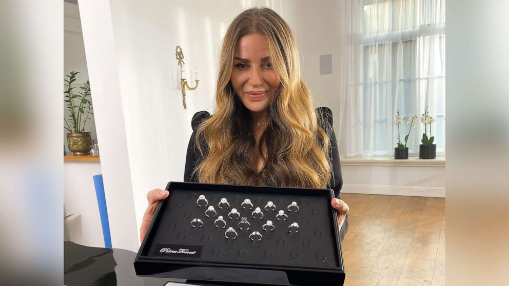 PHOTO: Fashion designer Pnina Tornai holds some of her engagement ring collection with Jared.