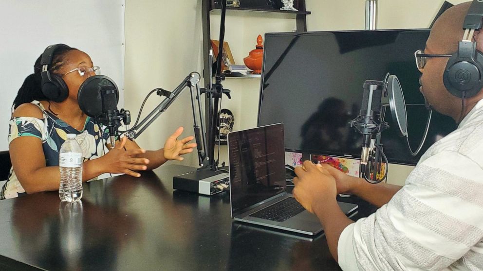 PHOTO: Jordanne Wells and her husband, Cedric Wells, record their podcast, "The Wealth From Scratch Show," at their home in Cincinnati.