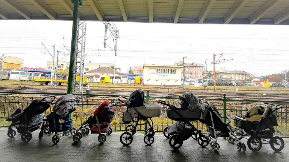 PHOTO: Strollers for refugees and their babies fleeing the conflict from neighbouring Ukraine are left at the train station in Przemysl, at the border crossing in Medyka, Poland, on March 3, 2022.