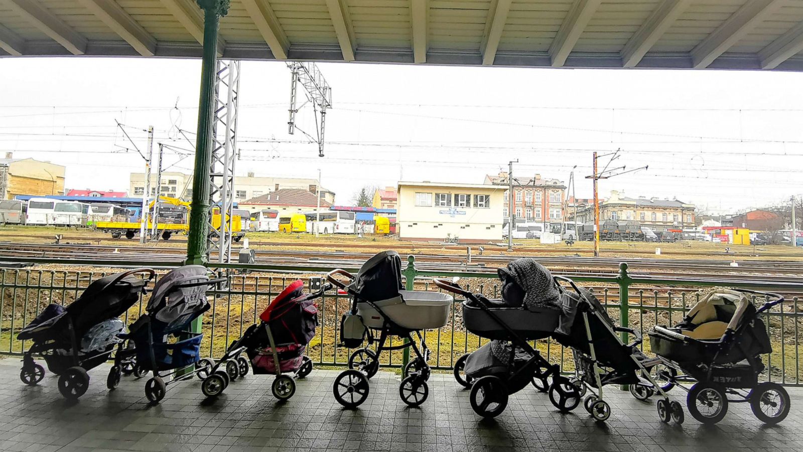 PHOTO: Strollers for refugees and their babies fleeing the conflict from neighbouring Ukraine are left at the train station in Przemysl, at the border crossing in Medyka, Poland, on March 3, 2022.