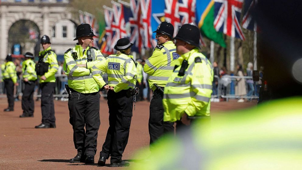 PHOTO: Police officers are seen on The Mall near Buckingham Palace in central London, May 5, 2023, ahead of the coronation weekend.