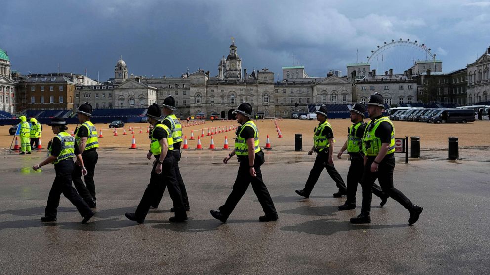 PHOTO: Police patrol near the route of the coronation in London, May 5, 2023.