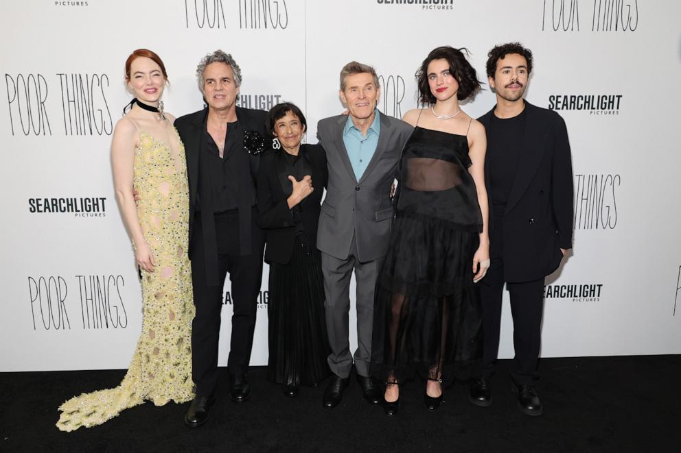PHOTO: Emma Stone, Mark Ruffalo, Kathryn Hunter, Willem Dafoe, Margaret Qualley, and Ramy Youssef attend the "Poor Things" premiere at DGA Theater on Dec. 6, 2023, in New York.