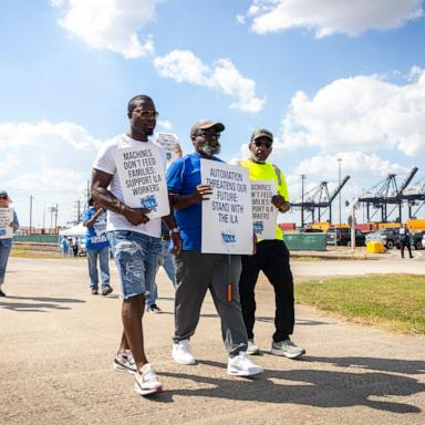 PHOTO: Longshoremen walk the picket line outside of the Barbours Cut Container Terminal during the first day of a dockworkers strike, Oct. 1, 2024, in Houston. 