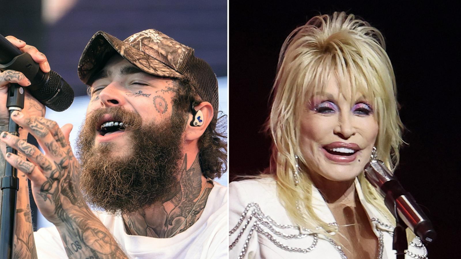 PHOTO: Post Malone performs at Golden Gate Park on Aug. 11, 2024 in San Francisco, Calif. | Dolly Parton speaks onstage at Music City Center on June 6, 2024 in Nashville.