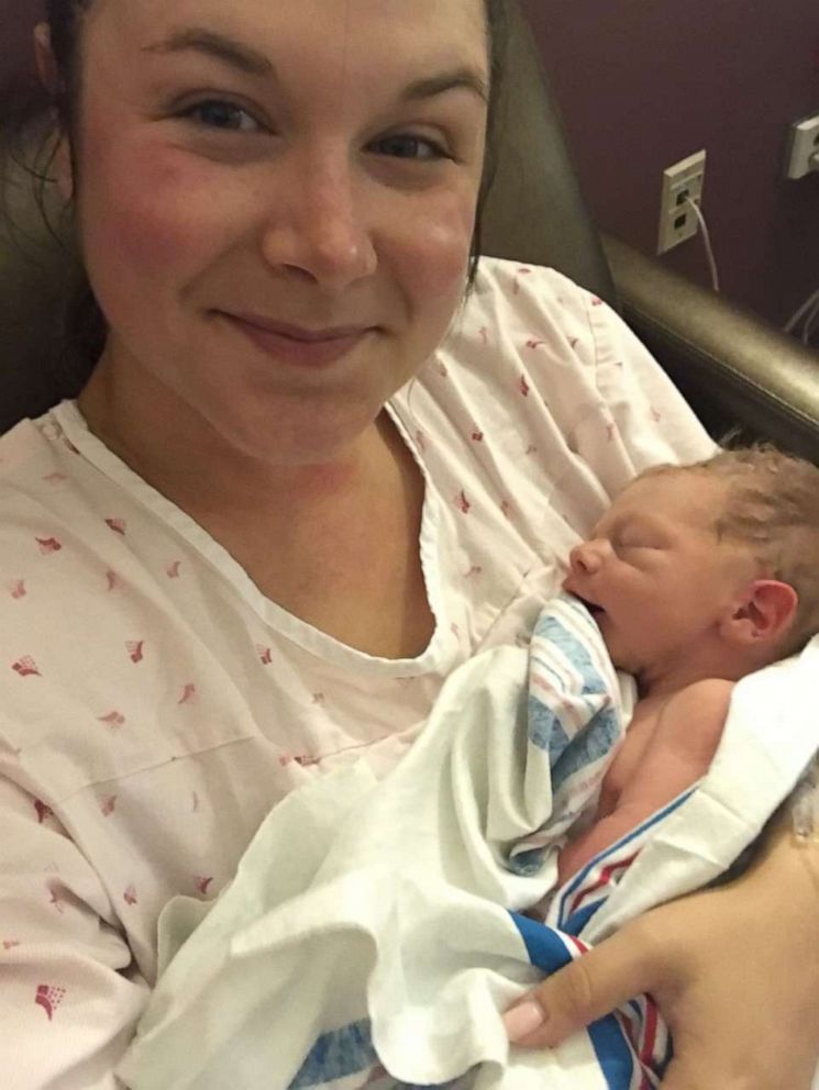 PHOTO: Natasha Eidson from Guymon, Oklahoma, poses with her son Cooper after he is born in July of 2019.