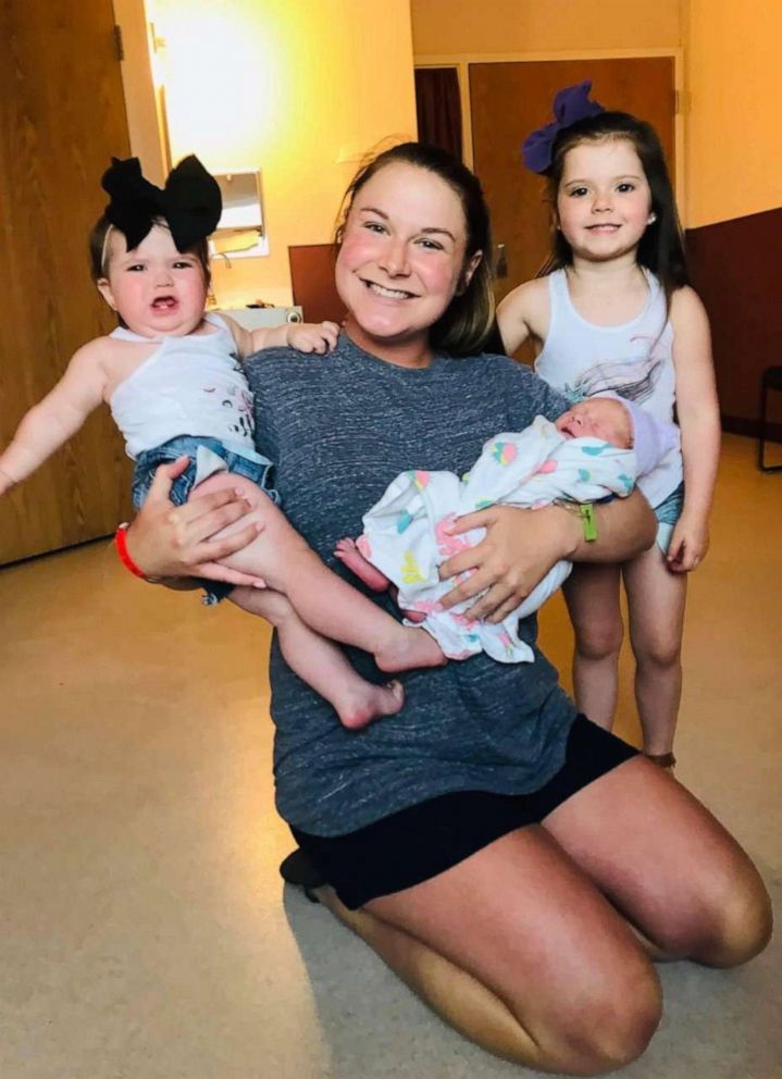 PHOTO: Natasha Eidson from Guymon, Oklahoma, poses with her son Cooper (right) after he is born in July of 2019, her cousin Heidi (left) and her other cousin, Holly (far right).