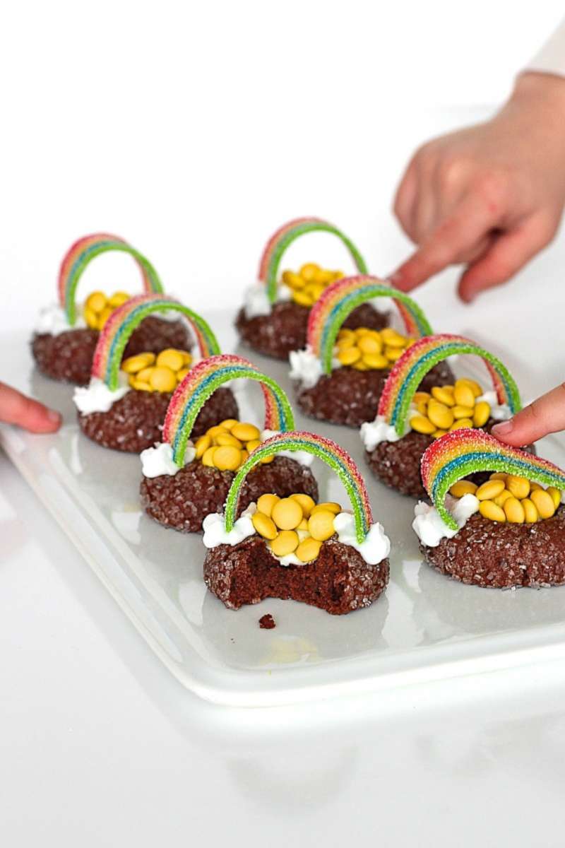 PHOTO: Chocolate "pot of gold" cookies with a rainbow candy strip.