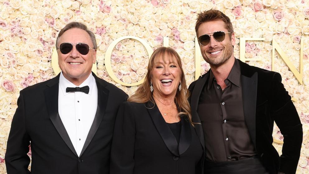 PHOTO: Glen Powell Sr., Cyndy Powell, and Glen Powell attend the 82nd Annual Golden Globe Awards, Jan. 5, 2025, in Beverly Hills, Calif.