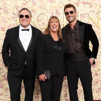 PHOTO: Glen Powell Sr., Cyndy Powell, and Glen Powell attend the 82nd Annual Golden Globe Awards, Jan. 5, 2025, in Beverly Hills, Calif.